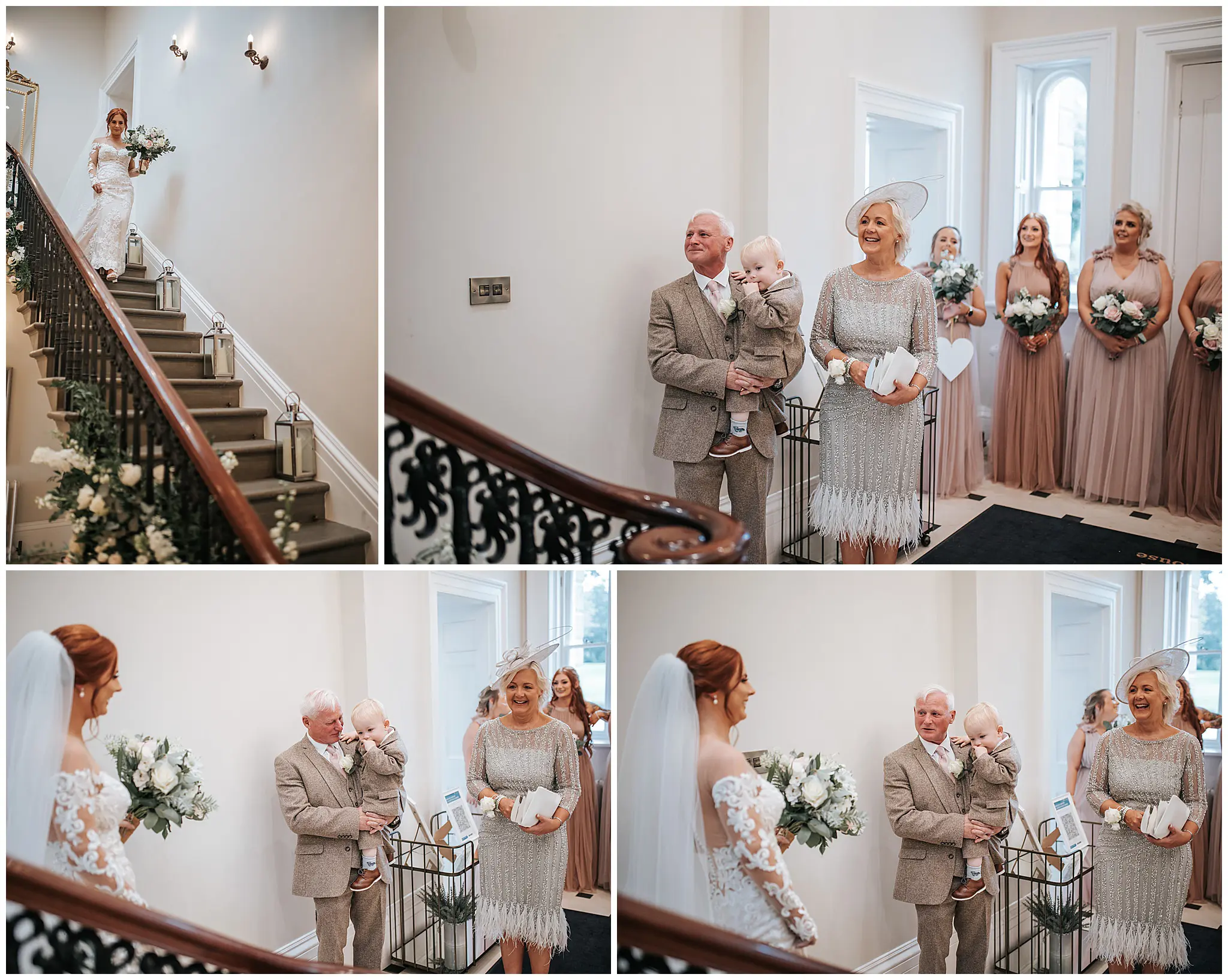 Bride walking down stairs at St Tewdrics